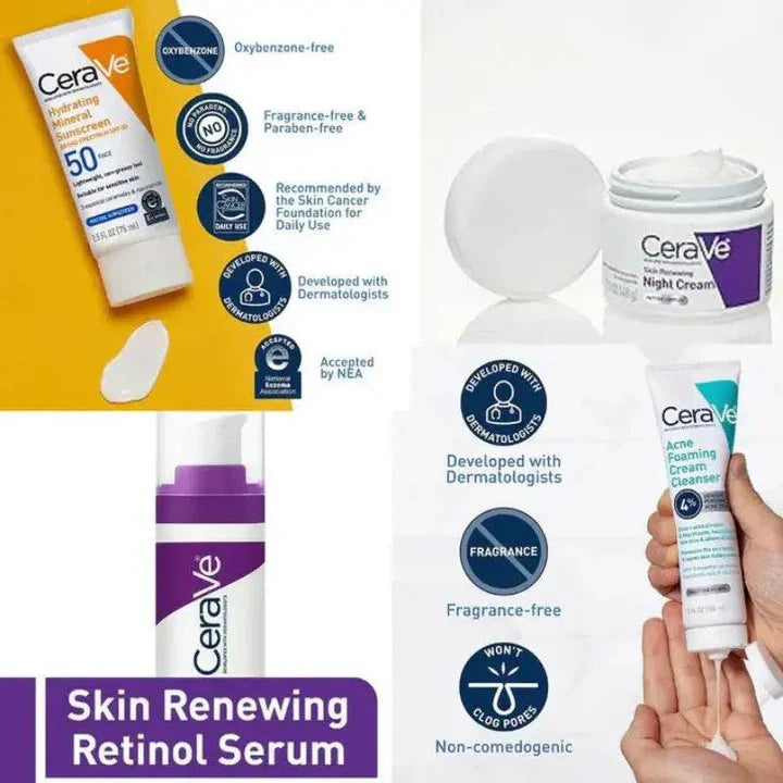 CeraVe 4 In 1 Skincare Kit Night Cream, Sunblock, Cleanser & Serum, for Radiant Skin (Limited Stock)